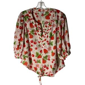 Rose+Olive Top Womens Tie-Front Blouse Strawberry Cherry Blossom Print Large